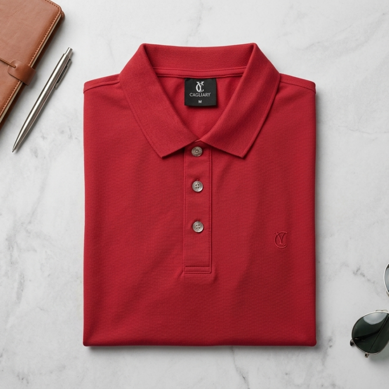 A high-quality, professional flat lay of a folded red short-sleeved polo shirt featuring a three-button placket and an embroidered "C" logo on the left chest, presented on a clean, light marble surface.