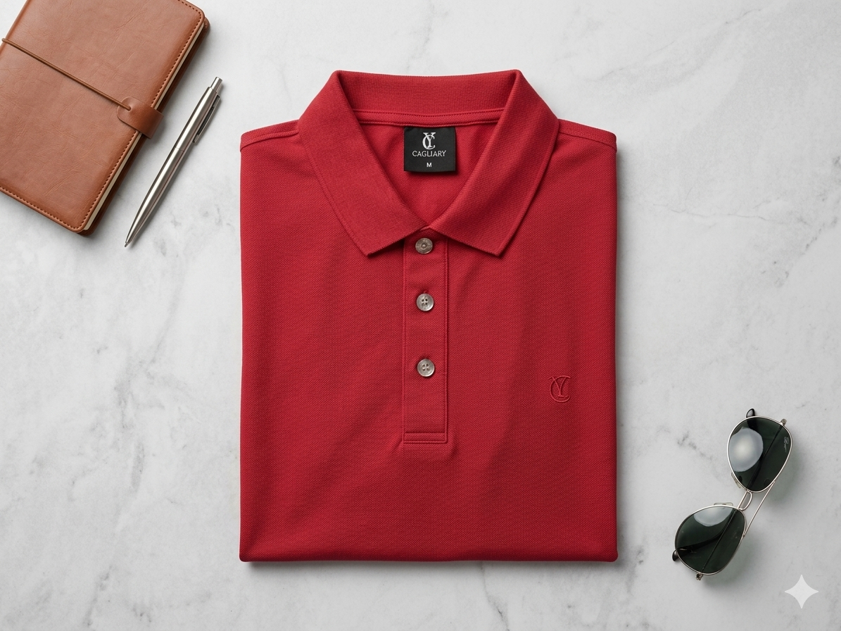 A high-quality, professional flat lay of a folded red short-sleeved polo shirt featuring a three-button placket and an embroidered "C" logo on the left chest, presented on a clean, light marble surface.